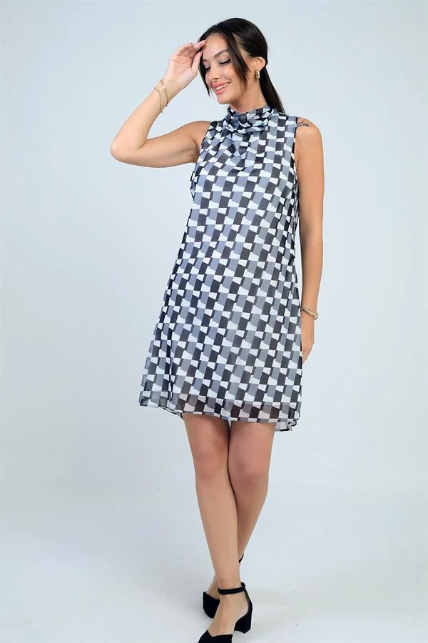 Robe courte en mousseline doublée à motifs et col en V pour femme