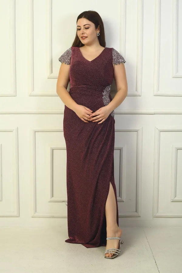 Ön Arka V Yaka Kol Ve Bel Taş Detaylı Astarlı Drapeli Simli Büyük Beden Likralı Uzun Elbise