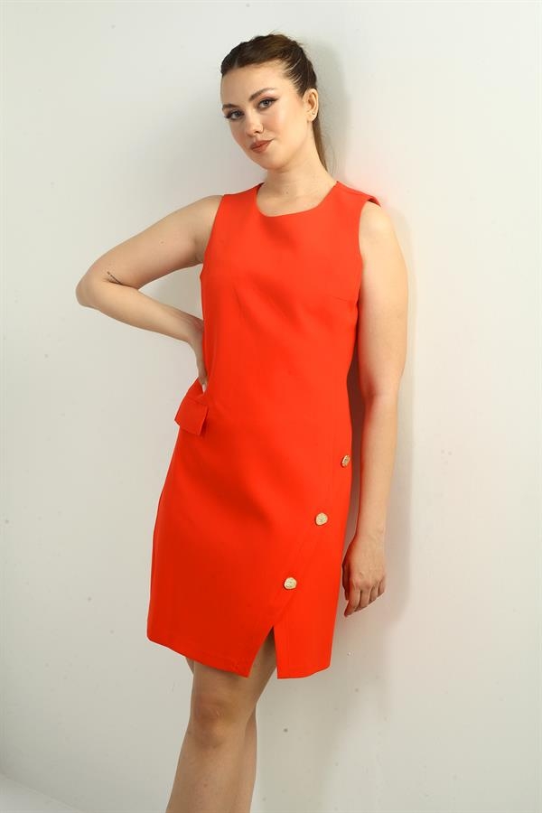 Kadın Yuvarlak Yaka Kolsuz Önü Düğme Detaylı Elbise