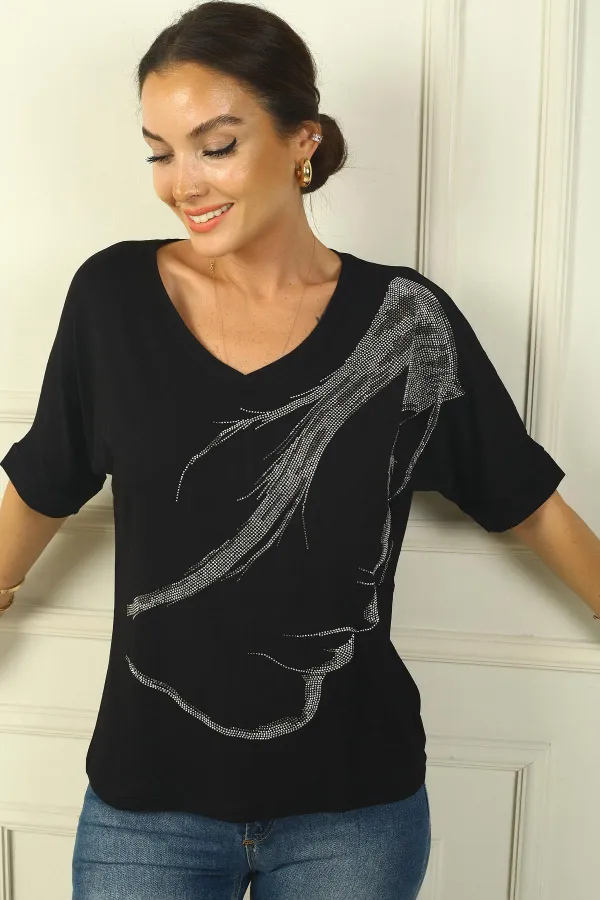 Chemisier à manches courtes et col en V pour femme, motif large, silhouette Stoned Girl