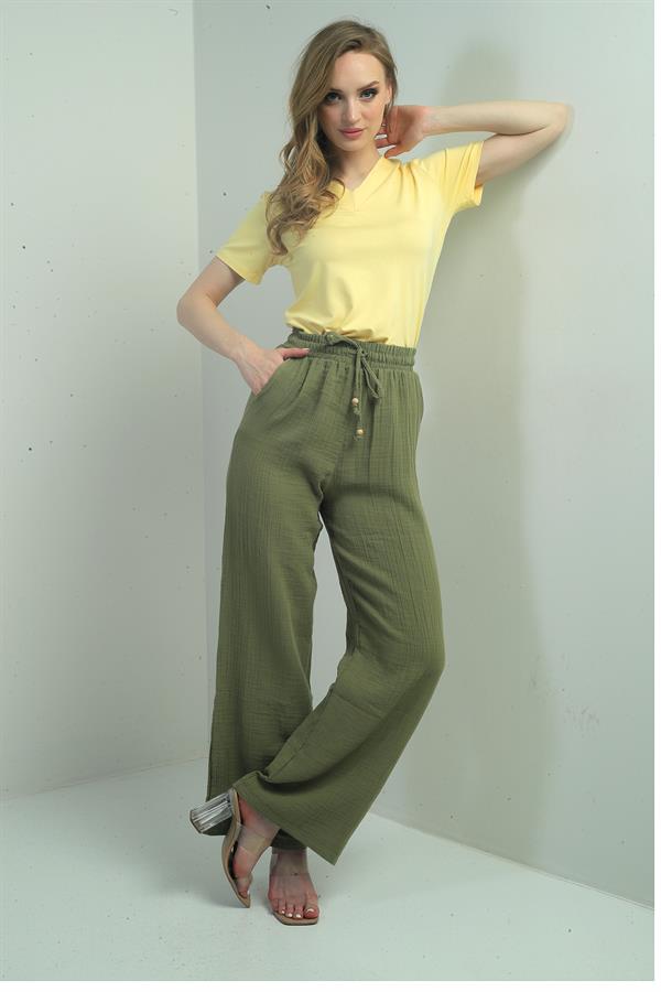 Women's Muslin Palazzo Pants with Elastic Waist and Pockets
