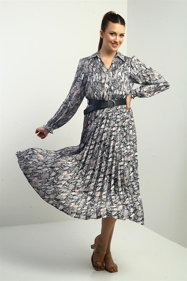 Women's Half-Front Button-Down Belted Lined Snake Pattern Pleated Midi Satin Dress