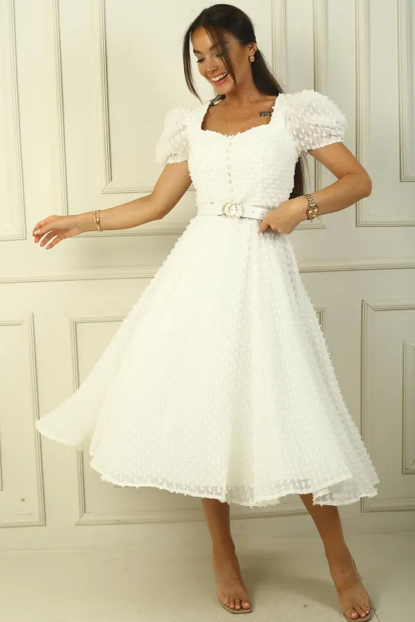 Balloon Sleeve Midi Length Lined Waist Belted Patchwork Fabric Dress