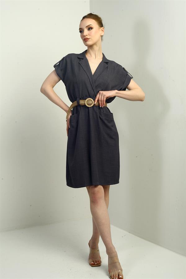 Women's Dress with Patch Pockets and Belt Waist