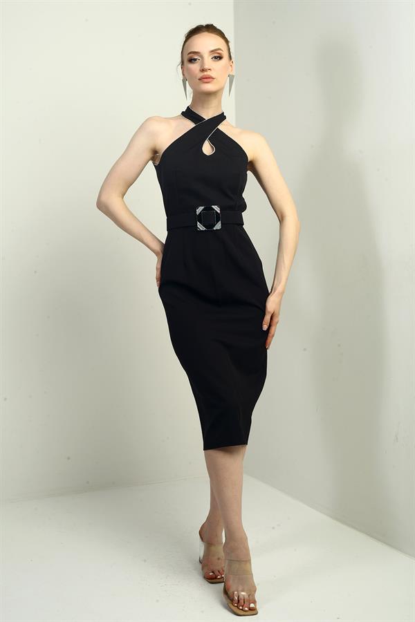 Women's Embellished Cross Neck Belted Midi Crepe Dress