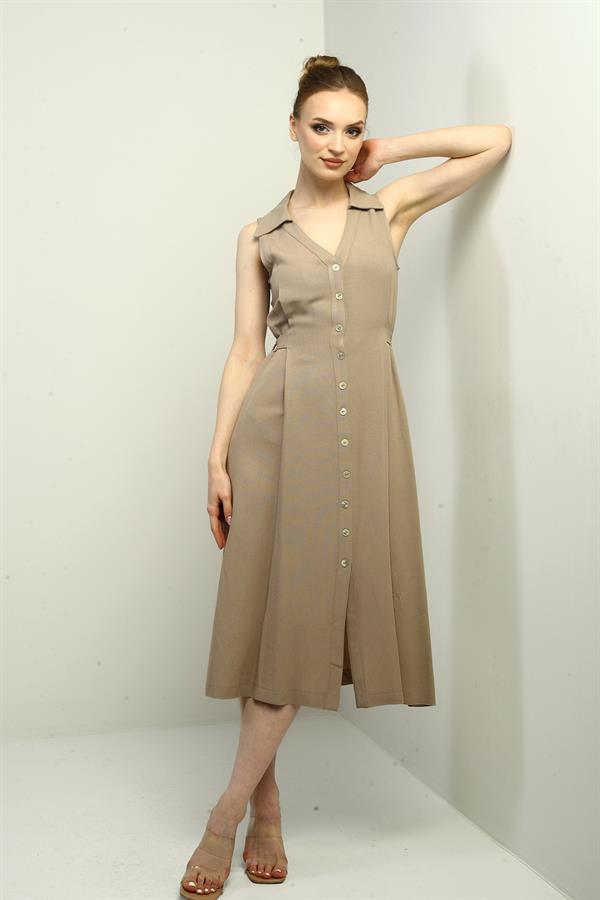 Kadın Polo Yaka Ön Pile Düğme Detaylı Midi Keten Elbise