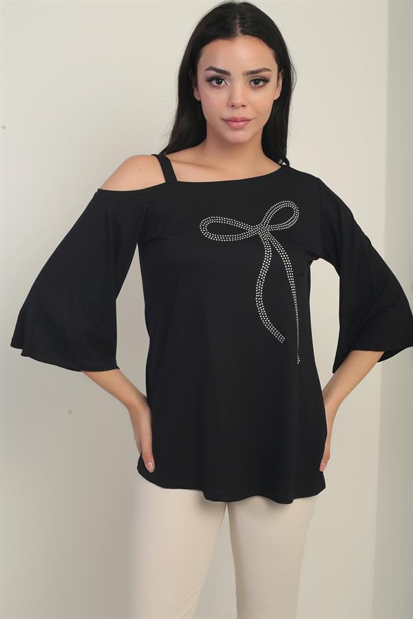 Women's One-Shoulder Blouse with Bow and Rhinestone Print, Lycra