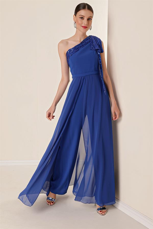 Pulpayet Yaka Tek Omuzlu Üstü Şifon Krep Tulum