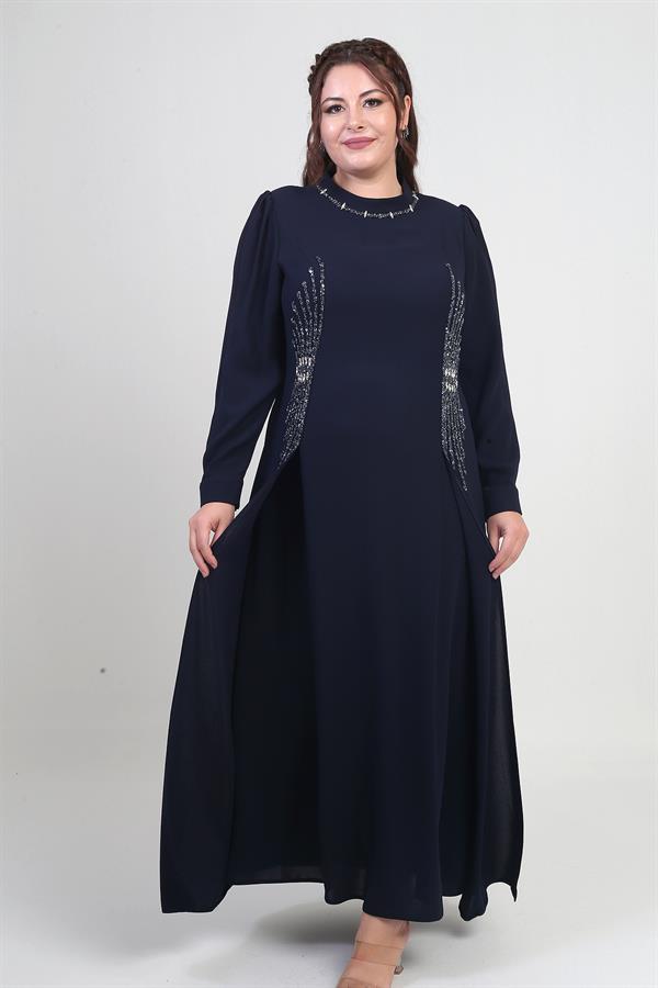Women's Plus Size Long Dress with Stone and Bead Print