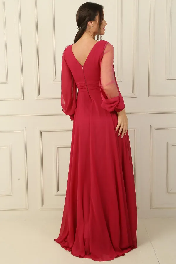 Front Back V Neck Draped Front Sleeves Tulle Lined Wide Body Long Chiffon Dress