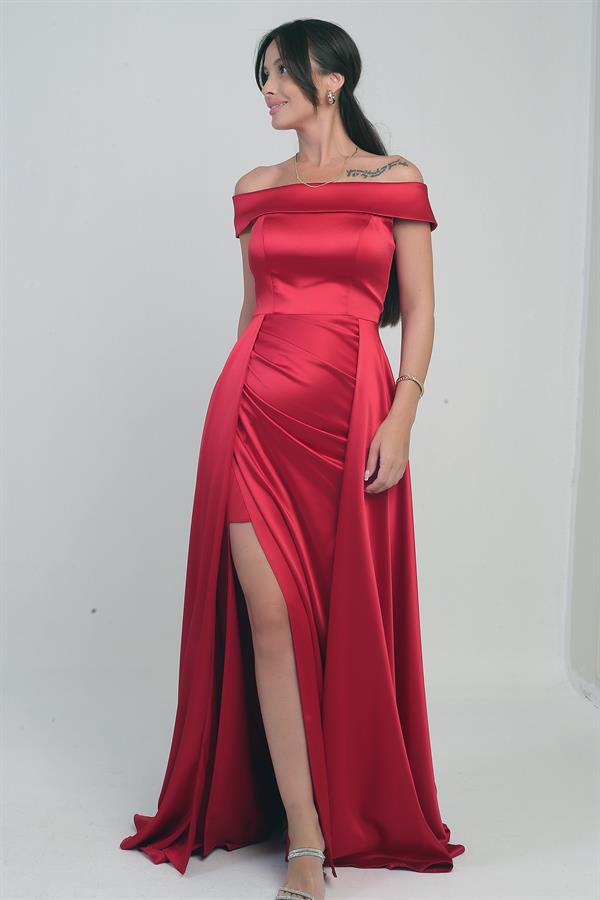 Kadın Madonna Yaka Önü Büzgülü Astarlı Pelerinli Saten Uzun Elbise