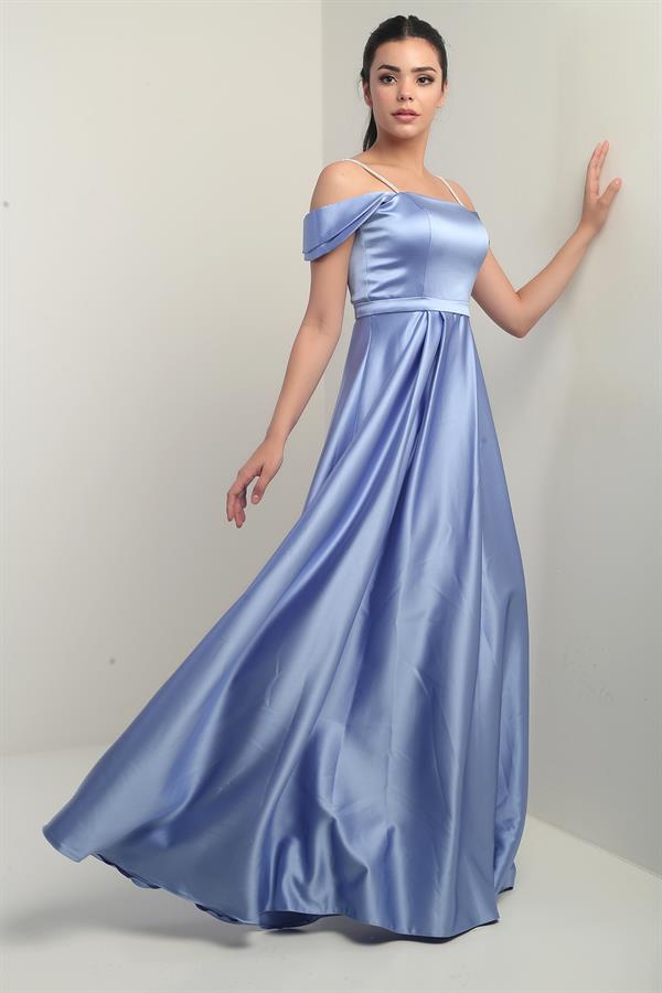 Strappy, Stone-Detailed, Square Neck, Lined Long Satin Dress