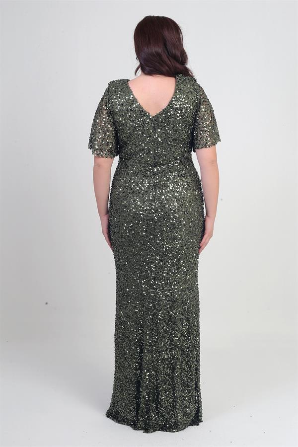 Kadın Degaje Yaka Kısa Kollu Astarlı Pullu Büyük Beden Likralı Elbise