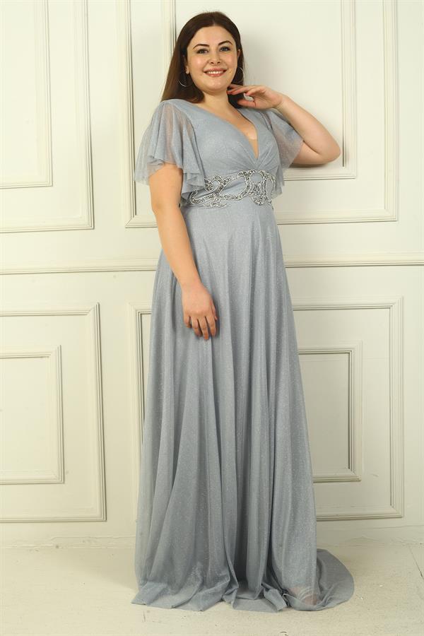 Kadın Ön Arka V Yaka Beli Taş İşlemeli Astarlı Simli Büyük Beden Abiye Elbise