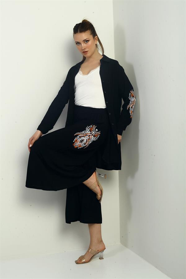 Women's Side Slit Tunic Shirt, Elastic Waist Pocketed Palazzo Pants, Embroidered Oversize 2-Piece Set