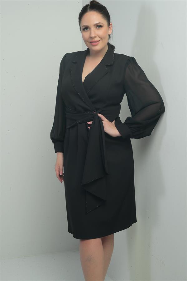 Kadın Kruvaze Yaka Kolları Şifon Boncuklu Bel Detaylı Kendinden Telalı Yarım Astarlı Büyük Beden Elbise