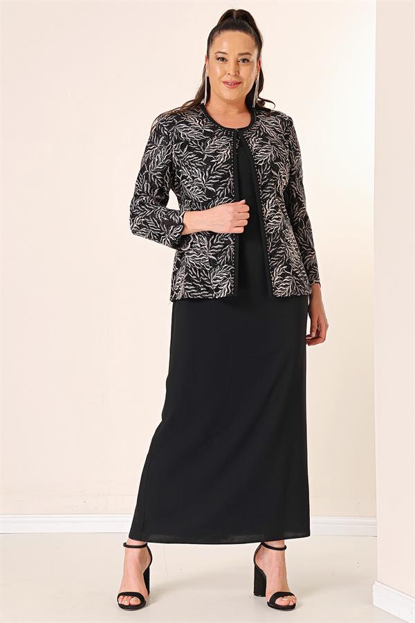 Robe longue à col perlé, ensemble deux pièces grande taille avec veste brodée de perles et de sequins, doublée.