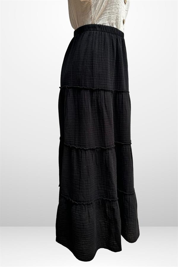 Kadın Beli Lastikli Katlı Müslin Uzun Etek