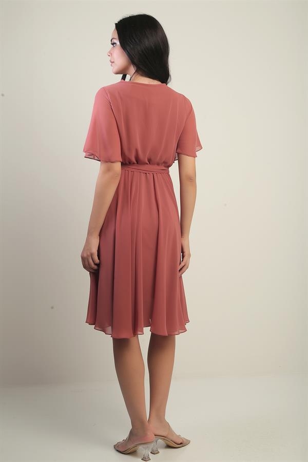 Women's Wrap Neckline Ruffled Sleeve Lined Chiffon Dress