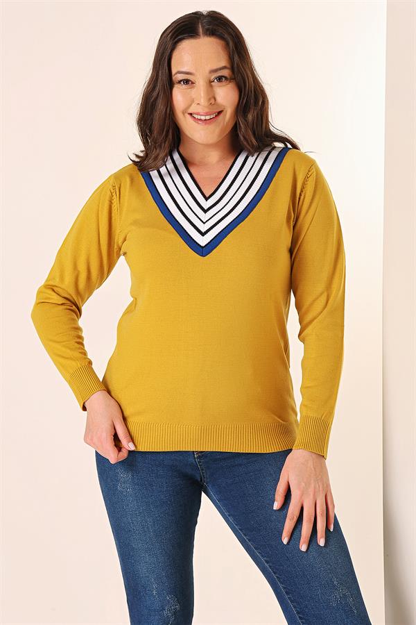 Şeritli V Yaka Büyük Beden Triko Kazak