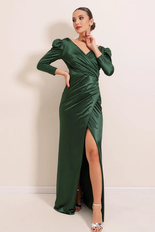 Kruvaze Yaka Yanı Büzgülü Astarlı Uzun Saten Elbise