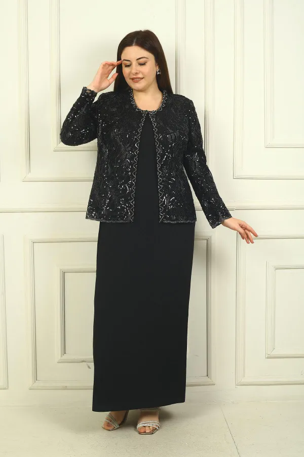 Ensemble 2 pièces pour femme, comprenant une veste en tulle ornée de sequins et de perles, une robe longue à manches demi-lune en crêpe doublée et un pantalon grande taille.