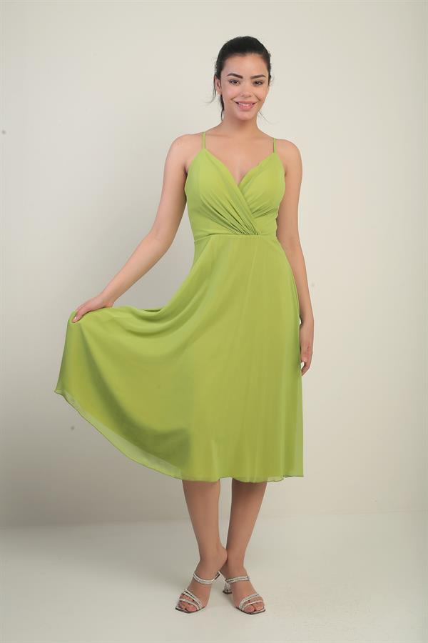 Women's Strappy Wrap Neckline Lined Lace-Up Back Flared Chiffon Dress