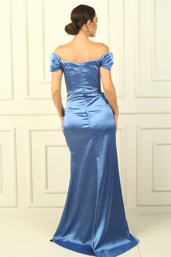 Long satin dress with side ruching and underwire lining.