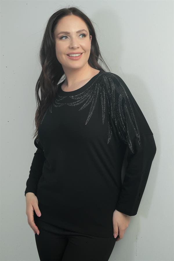 Kadın Taşlı Kanat Model Likralı Çilek Büyük Beden Bluz