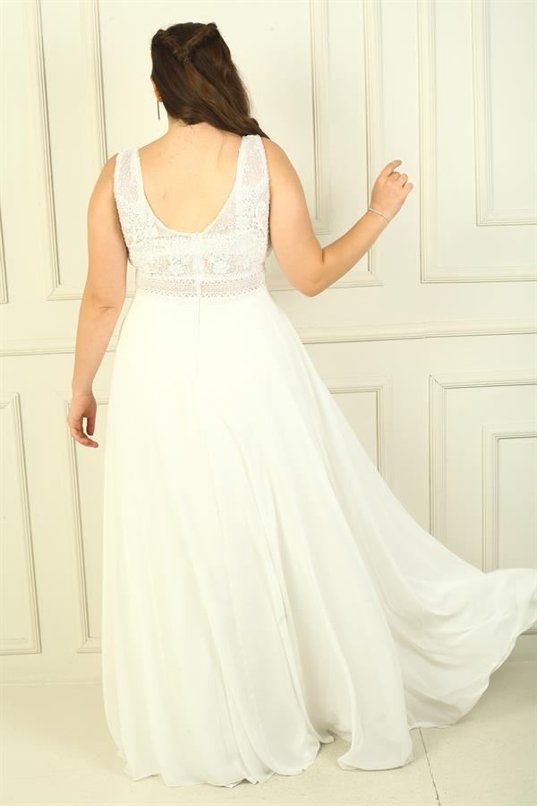 Front and Back V-Neck Top Beaded Floral Motif Lined Long Chiffon Evening Dress