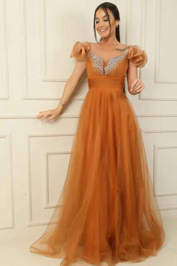 Ön Arka V Yaka İp Askılı Düşük Kollu Önü Taş Detaylı Astarlı Uzun Tül Elbise