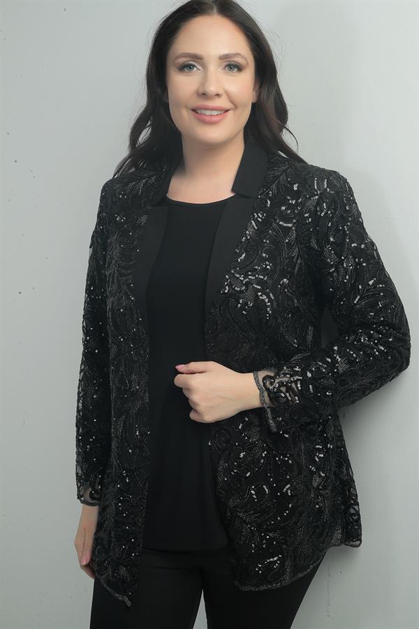 Kadın Pullu Tül Ceket Likralı Uzun Kol Bluz Büyük Beden 2'li Takım