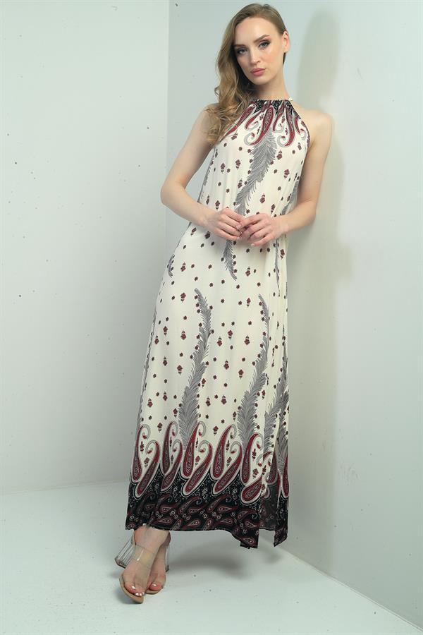 Women's Halter Neck Tie-Up Floral Print Long Dress with Pockets