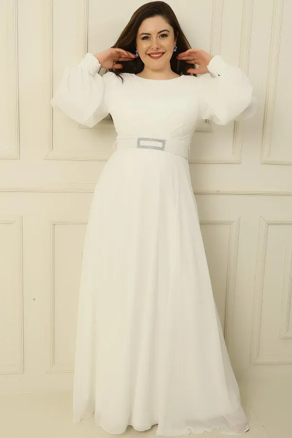 Wrap-neck, belted, lined, plus-size long modest dress.