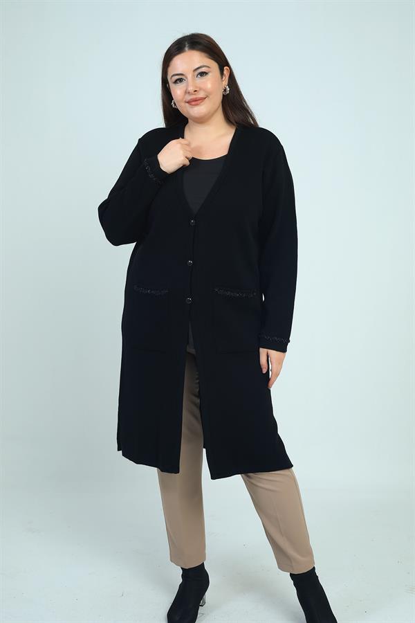 Gilet long en maille grande taille pour femme, avec poches et détails rayés