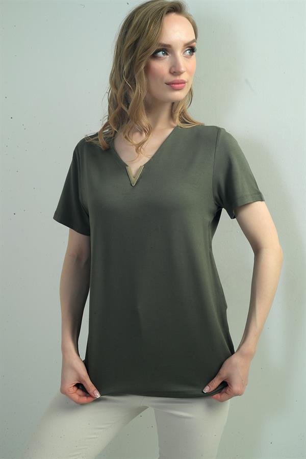 V-Neck Short-Sleeve Blouse with V-Embellished Accessories