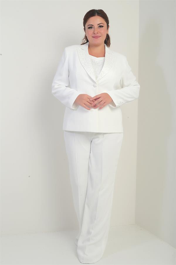 Kadın Beşgen Yaka Kolsuz Dantel Bluz Tek Düğmeli Ceket Palazzo Pantolon Astarlı Pul Detaylı Büyük Beden 3'lü Takım