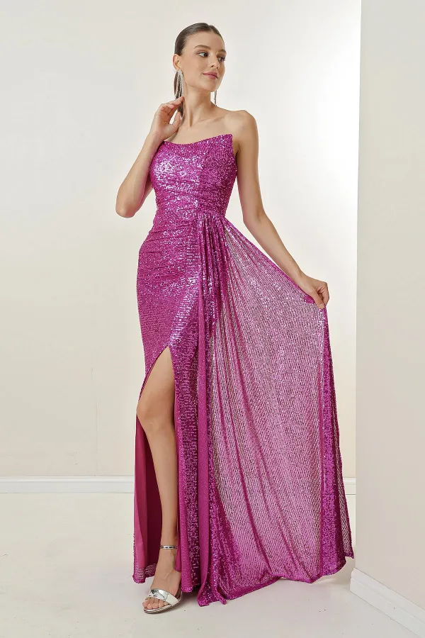 Robe longue à sequins, drapée sur le devant, sans bretelles et doublée