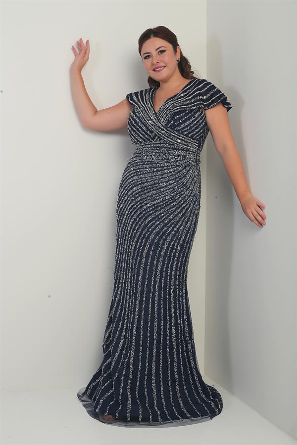 Kadın Ön Arka V Yaka Taş Baskılı Astarlı Büyük Beden Balık Elbise