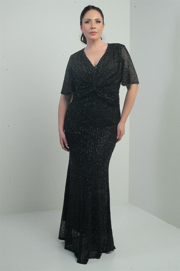 Robe longue doublée à col en V pour femme, ornée d'un nœud sur le devant et de perles, grandes tailles