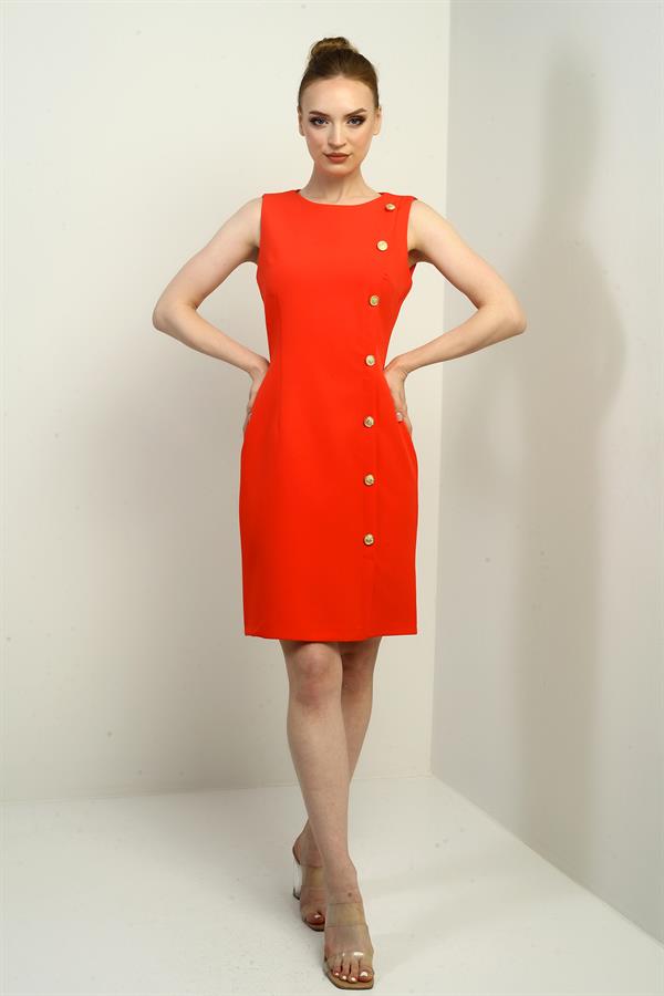 Kadın Kendinden Telalı Yan Düğmeli Kısa Elbise
