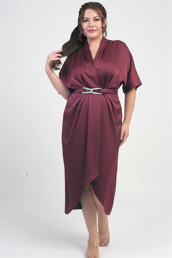 Women's Wrap Neck Short Batwing Sleeve Double Pleated Crepe Satin Plus Size Midi Designer Dress
