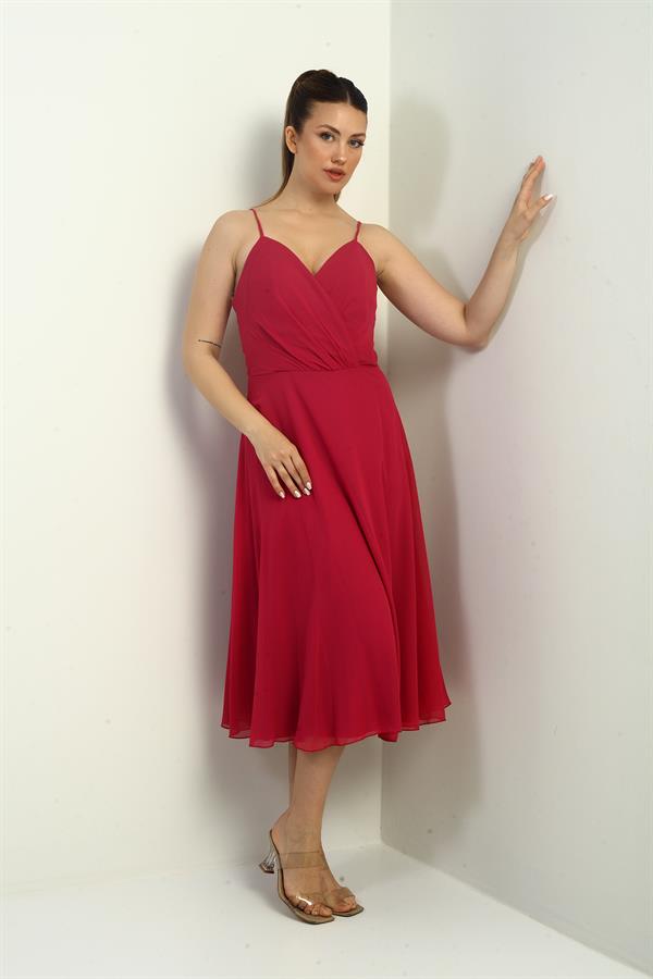 Women's Strappy Wrap Neckline Lined Lace-Up Back Flared Chiffon Dress