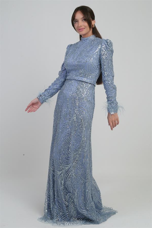 Kadın Kolu Tüylü Boncuk Ve Pullu Astarlı Tül Uzun Elbise