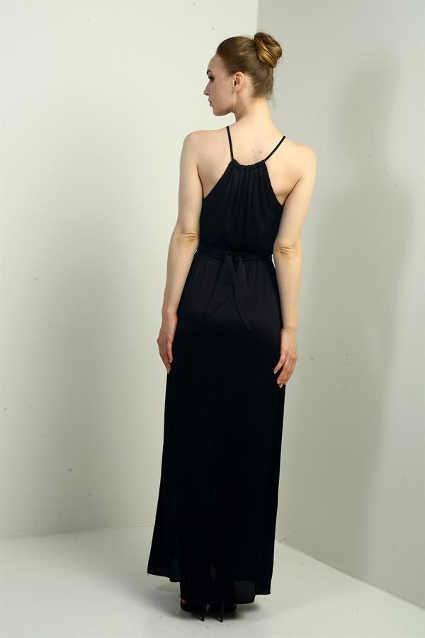 Robe longue en velours côtelé satiné à bretelles, col halter et ceinture fendue sur le devant pour femme