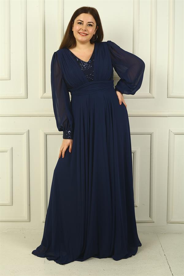 Kadın Ön Arka V Yaka Üstü Pulpayet Astarlı Büyük Beden Uzun Şifon Abiye Elbise