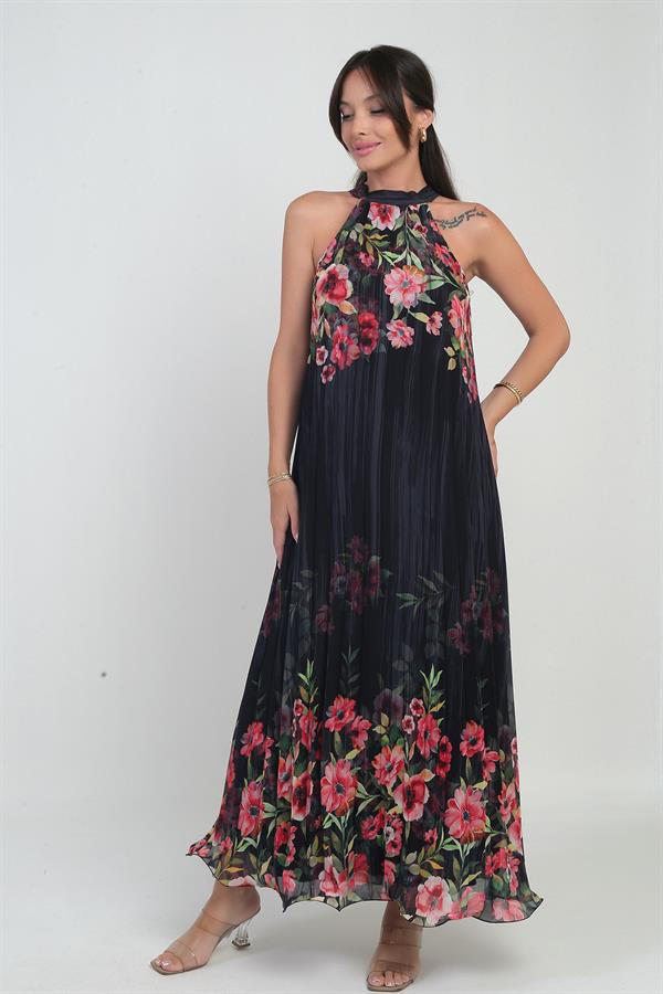 Kadın Çiçek Desenli Astarlı Plisoley Şifon Uzun Elbise