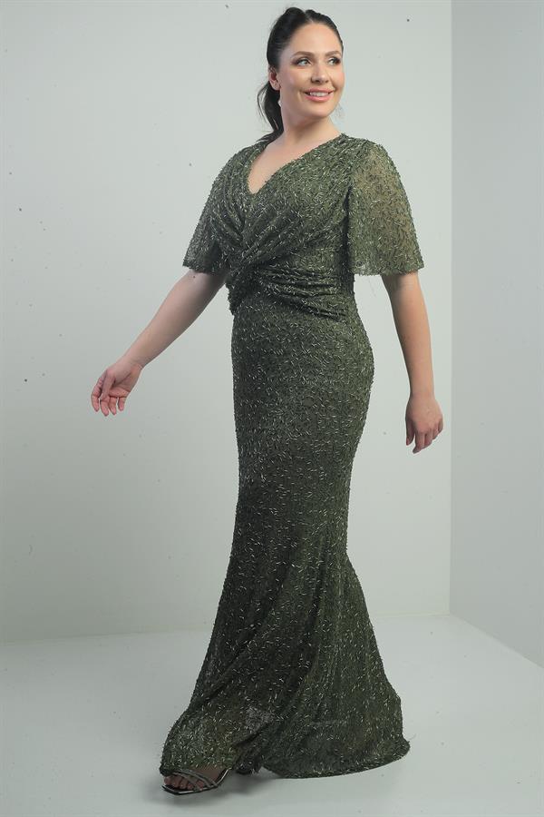 Robe longue doublée à col en V pour femme, ornée d'un nœud sur le devant et de perles, grandes tailles