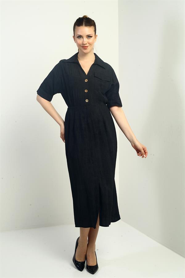 Women's Single Pocket Half-Buttoned Gradient Dress with Front Slit