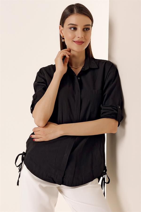 Shirt with Buttoned Sleeves, Single Pocket, and Lace-Up Sides